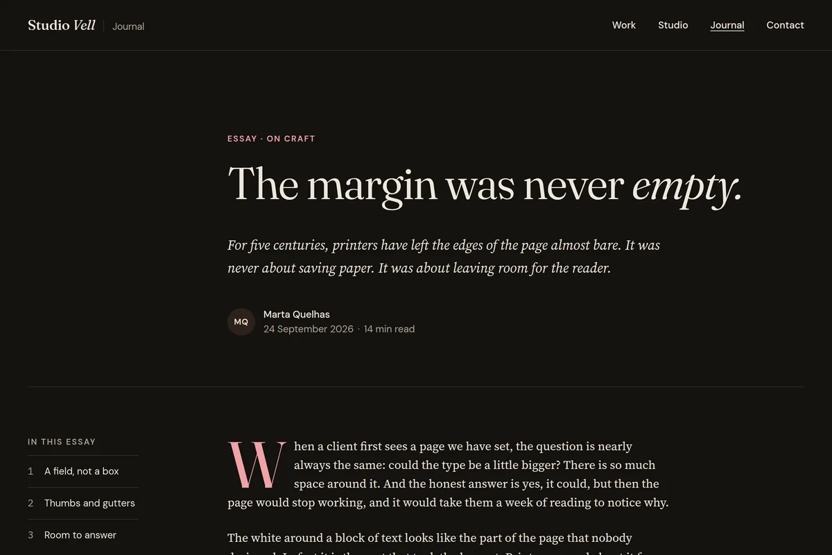 A long-form essay built with Atelier, in dark mode