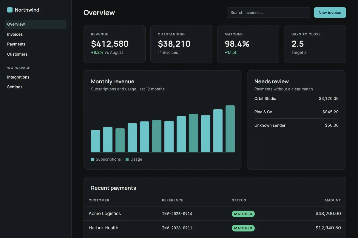 An invoicing dashboard built with Meridian, in dark mode