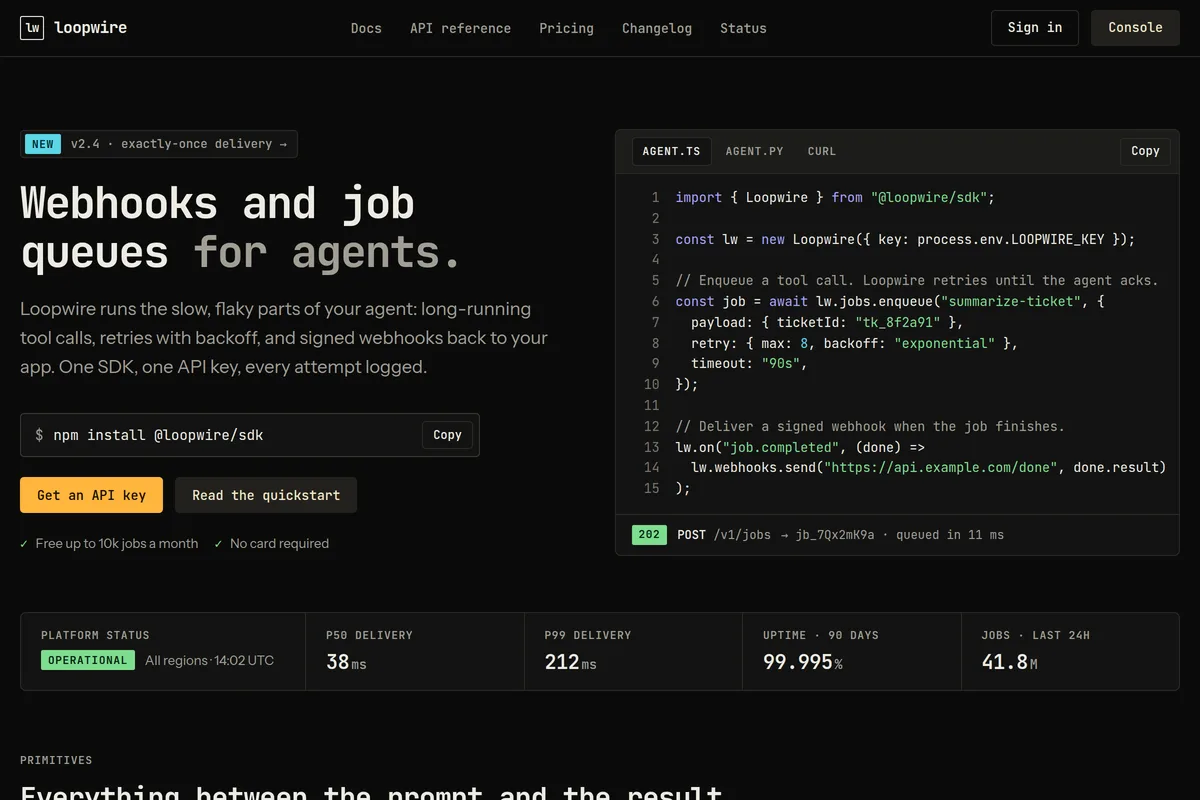 An API product landing page built with Terminal, in dark mode